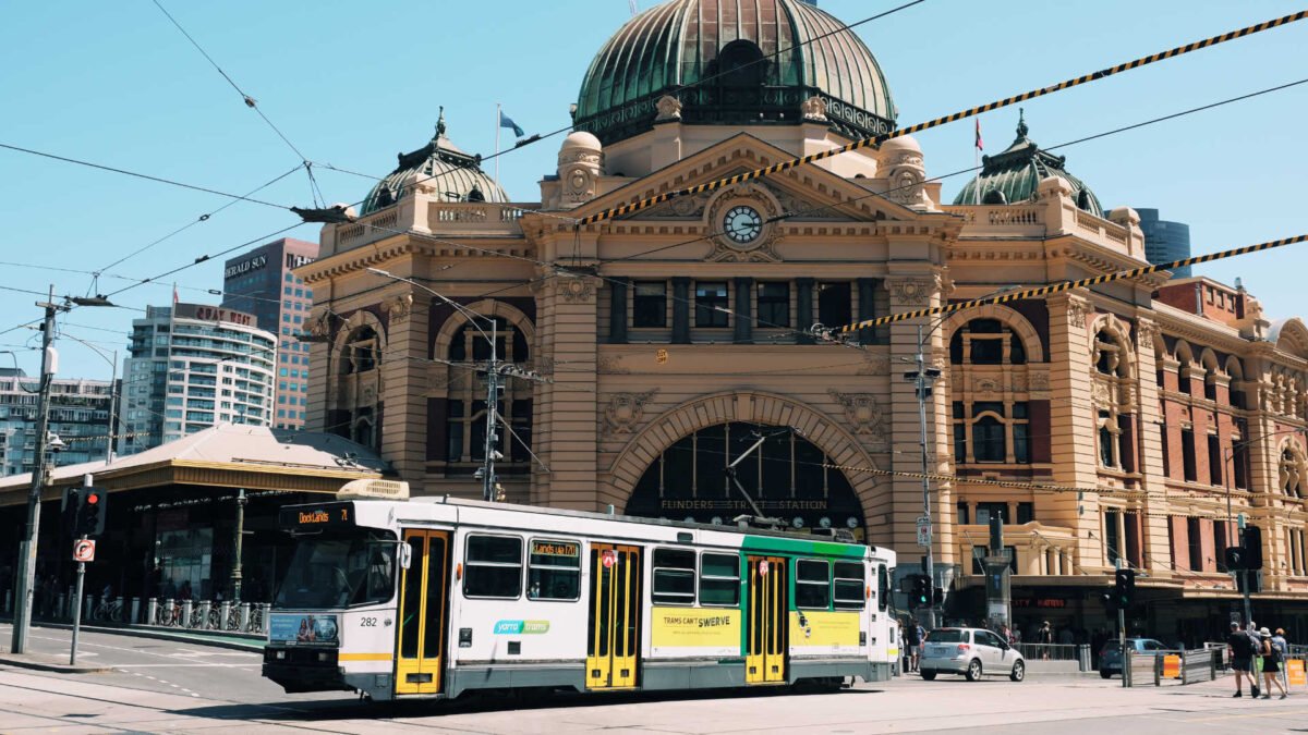 Melbourne tram passing Flinders Street Station